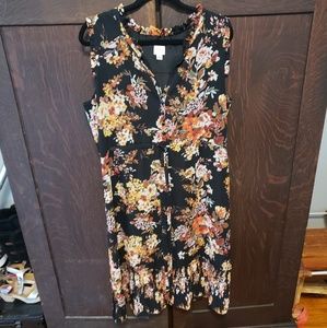 Midi floral / black kick-pleat dress